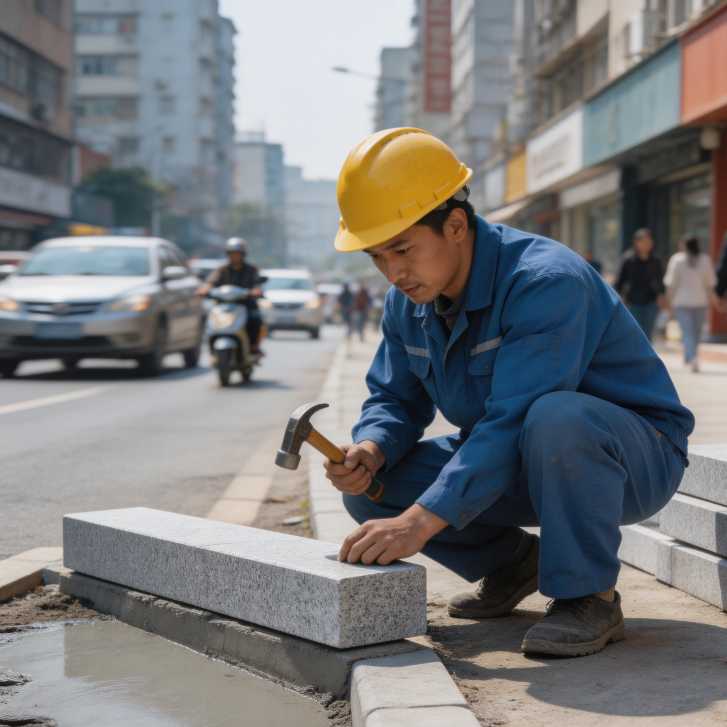 芝麻灰路沿石施工现场实拍