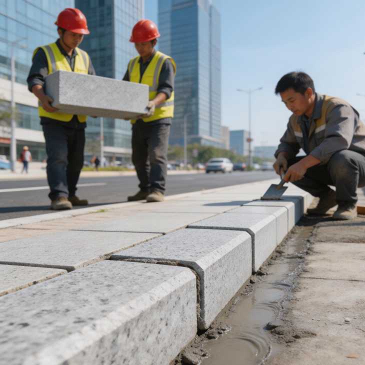 芝麻灰路沿石施工现场实拍